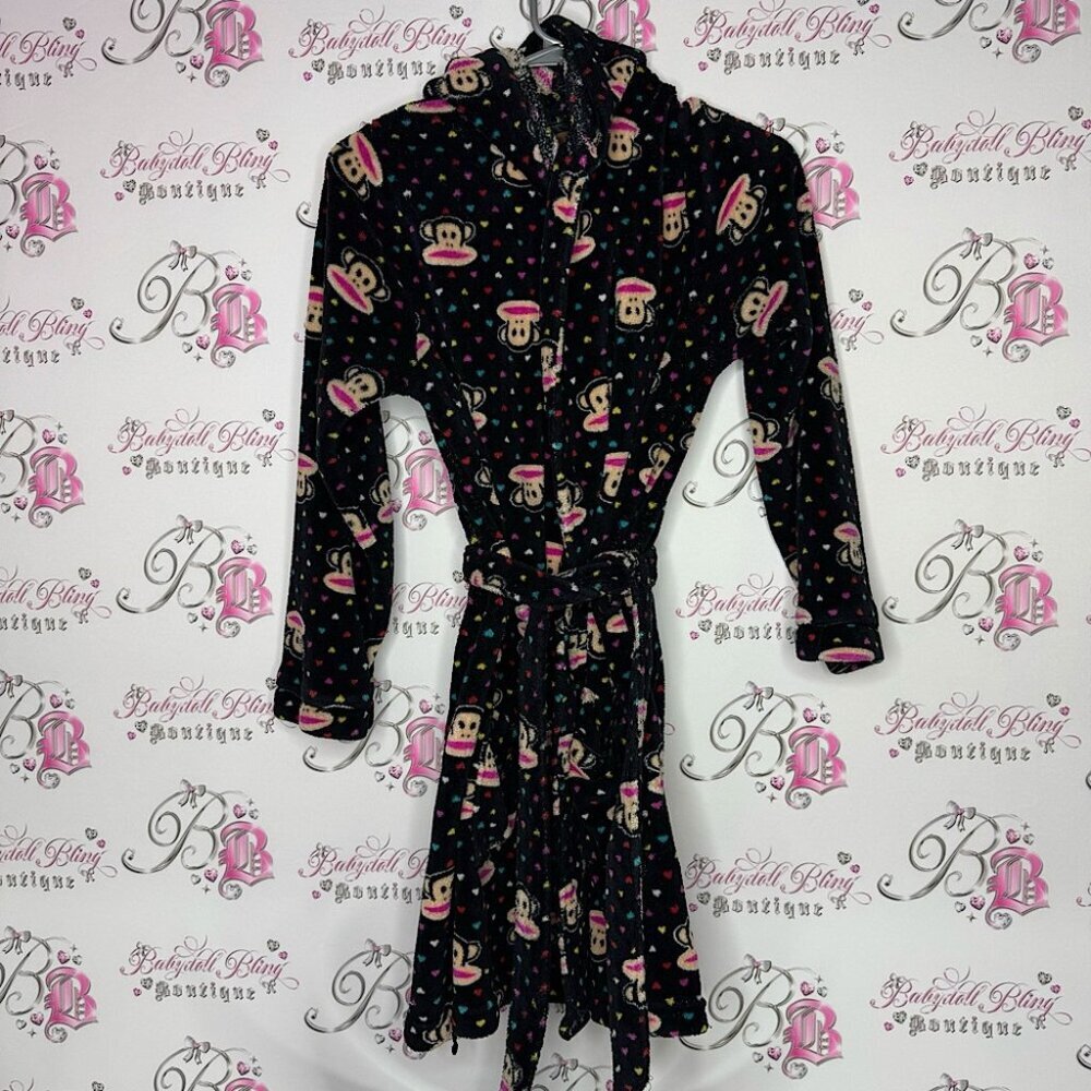 Paul frank robe 2011 colorful polka dots dotted monkey face fleece black tie up